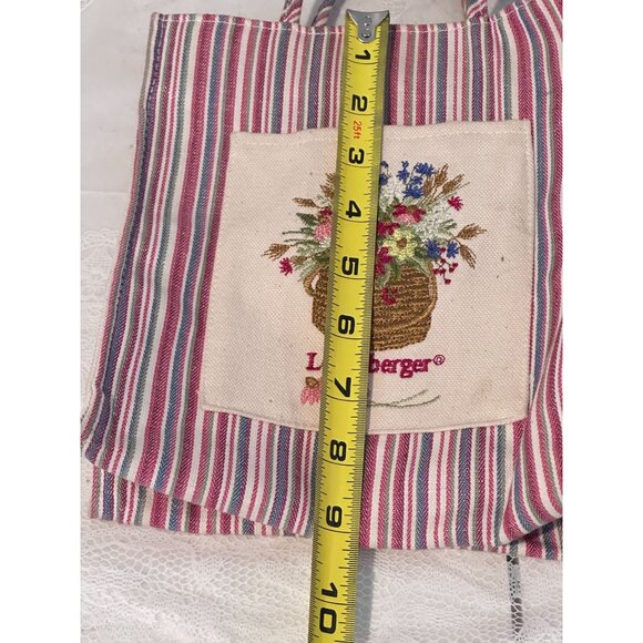 Longaberger Striped Canvas Fabric Tote Floral Basket Embroidery Pocket Church Vt - Picture 7 of 8